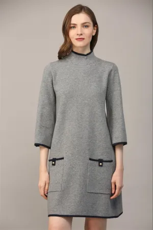 Dress - Mock Neck Sweater Dress - Gray and Navy