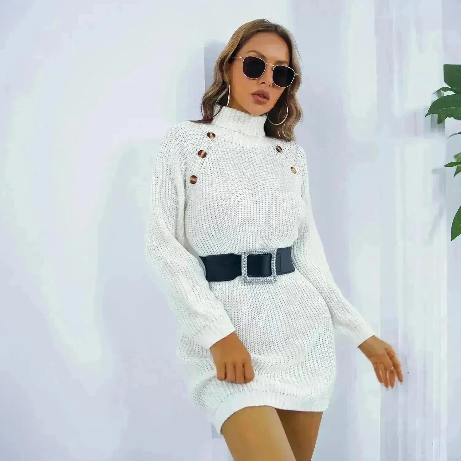 Elegant Autumn Winter Mini Turtleneck Sweater Dress
