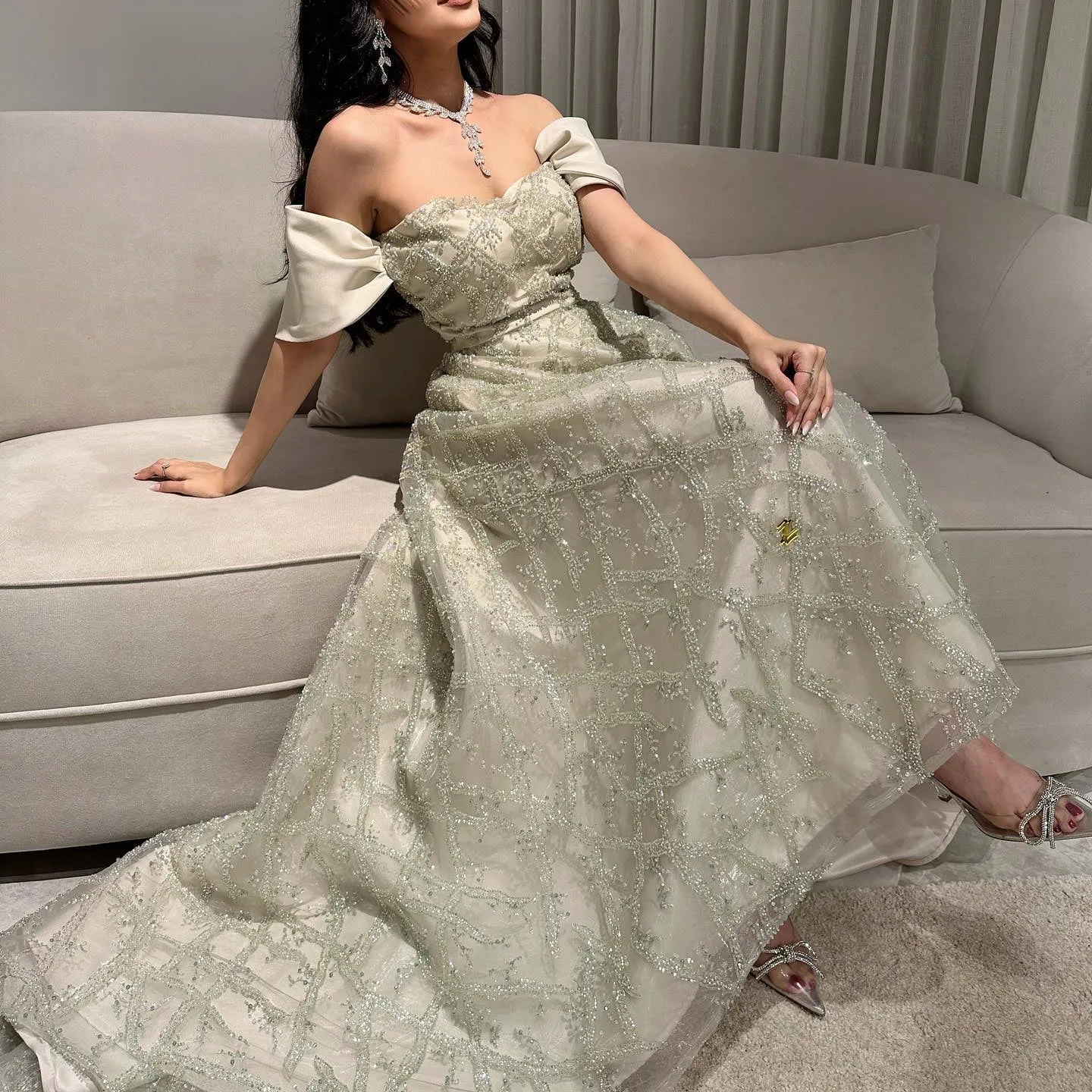 Elegant Sage Green Off Shoulder Evening Dress SS427