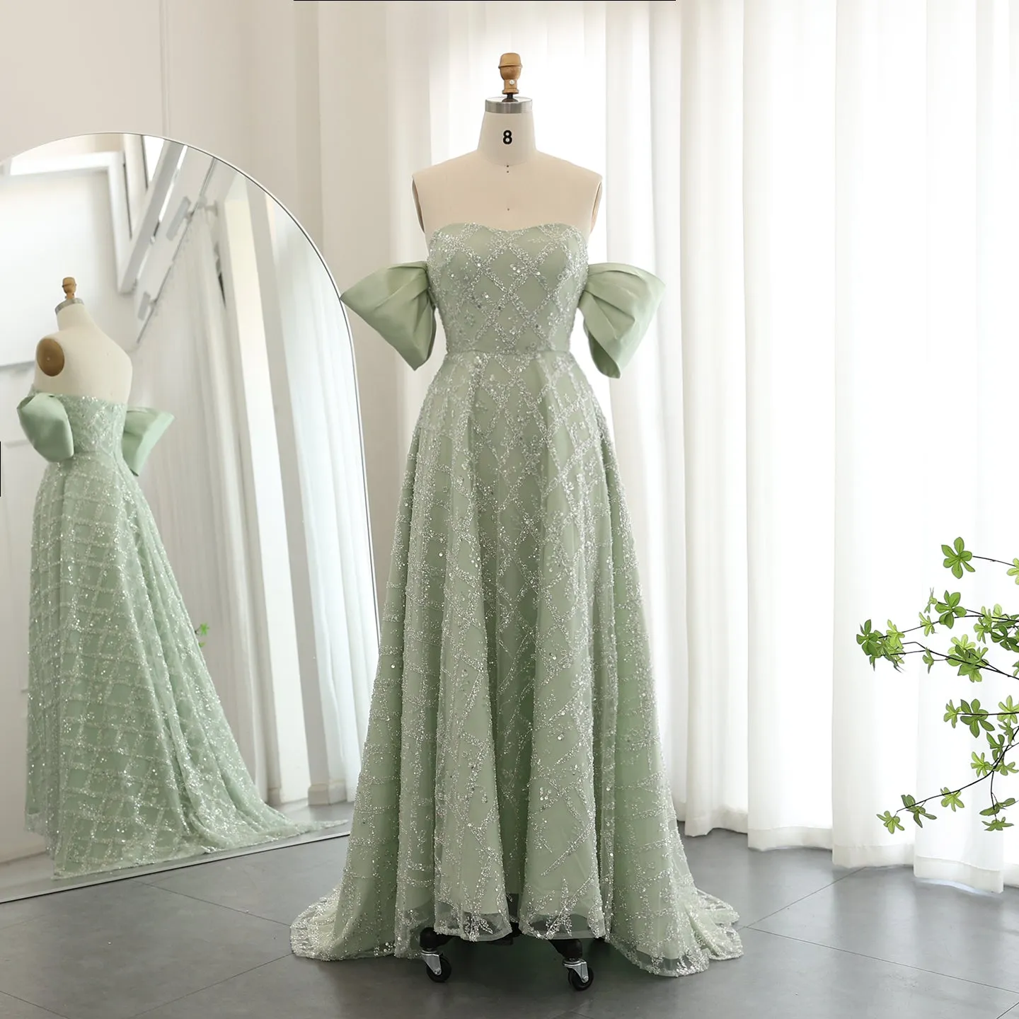 Elegant Sage Green Off Shoulder Evening Dress SS427