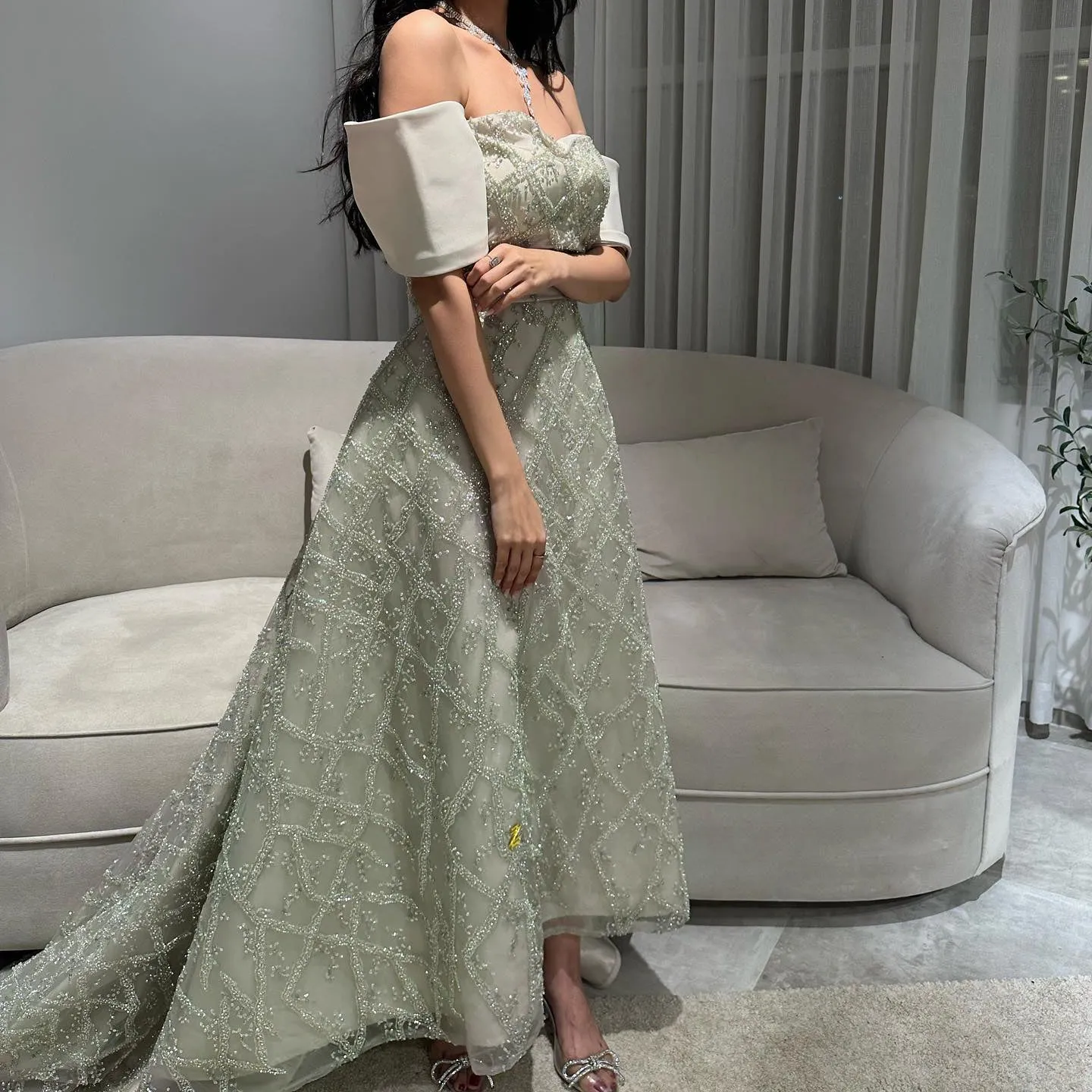 Elegant Sage Green Off Shoulder Evening Dress SS427
