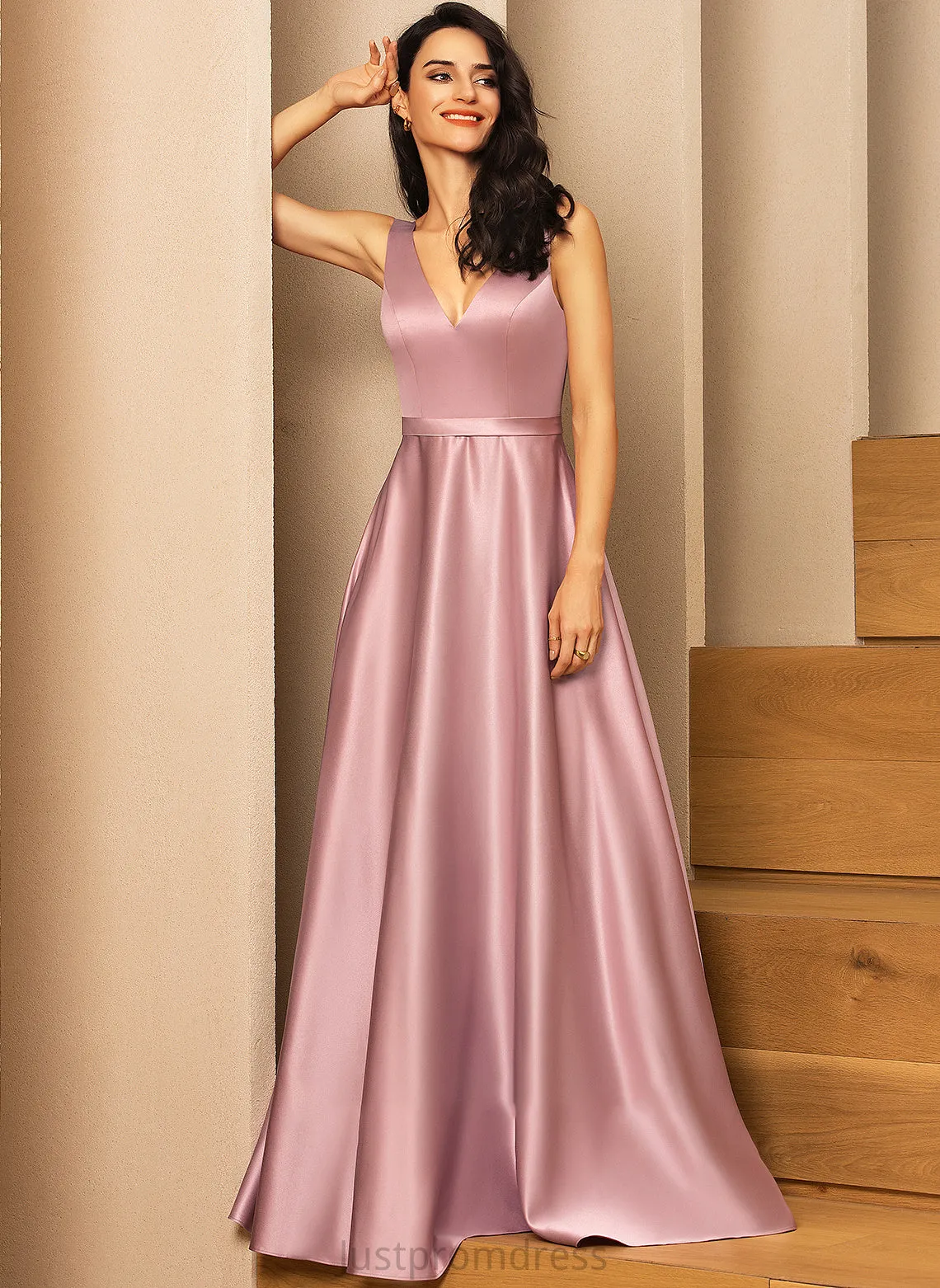 Floor-Length Neckline Embellishment Satin Length Fabric Pockets Straps V-neck Stella Natural Waist V-Neck Bridesmaid Dresses