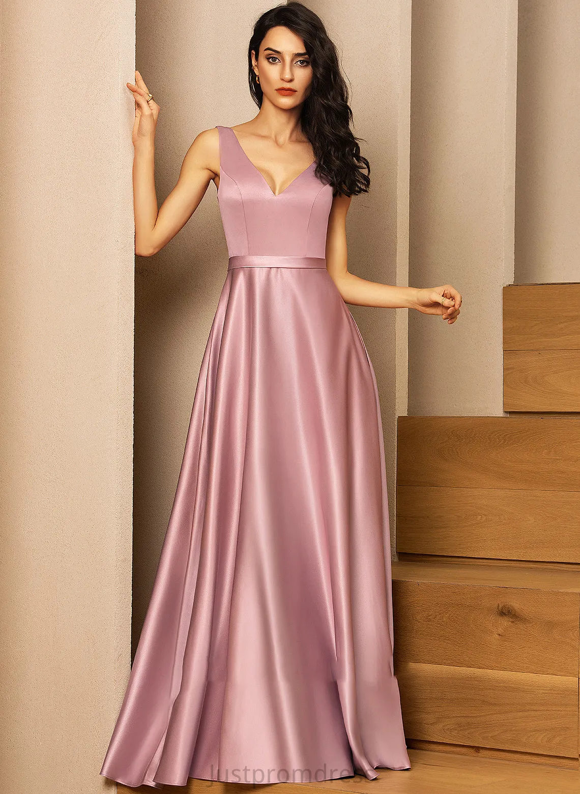 Floor-Length Neckline Embellishment Satin Length Fabric Pockets Straps V-neck Stella Natural Waist V-Neck Bridesmaid Dresses