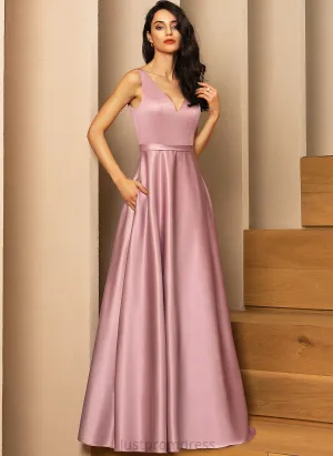 Floor-Length Neckline Embellishment Satin Length Fabric Pockets Straps V-neck Stella Natural Waist V-Neck Bridesmaid Dresses