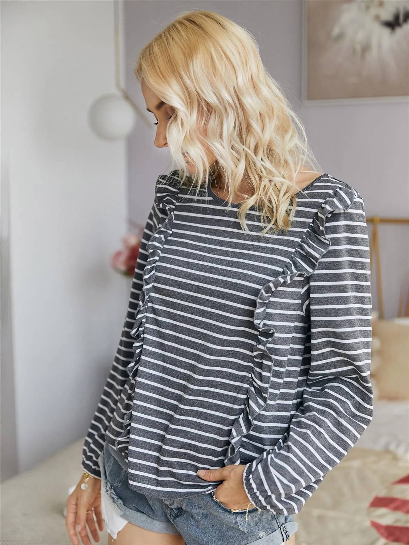 Frill Hem Detail Long Sleeve Breton Striped Top In Grey