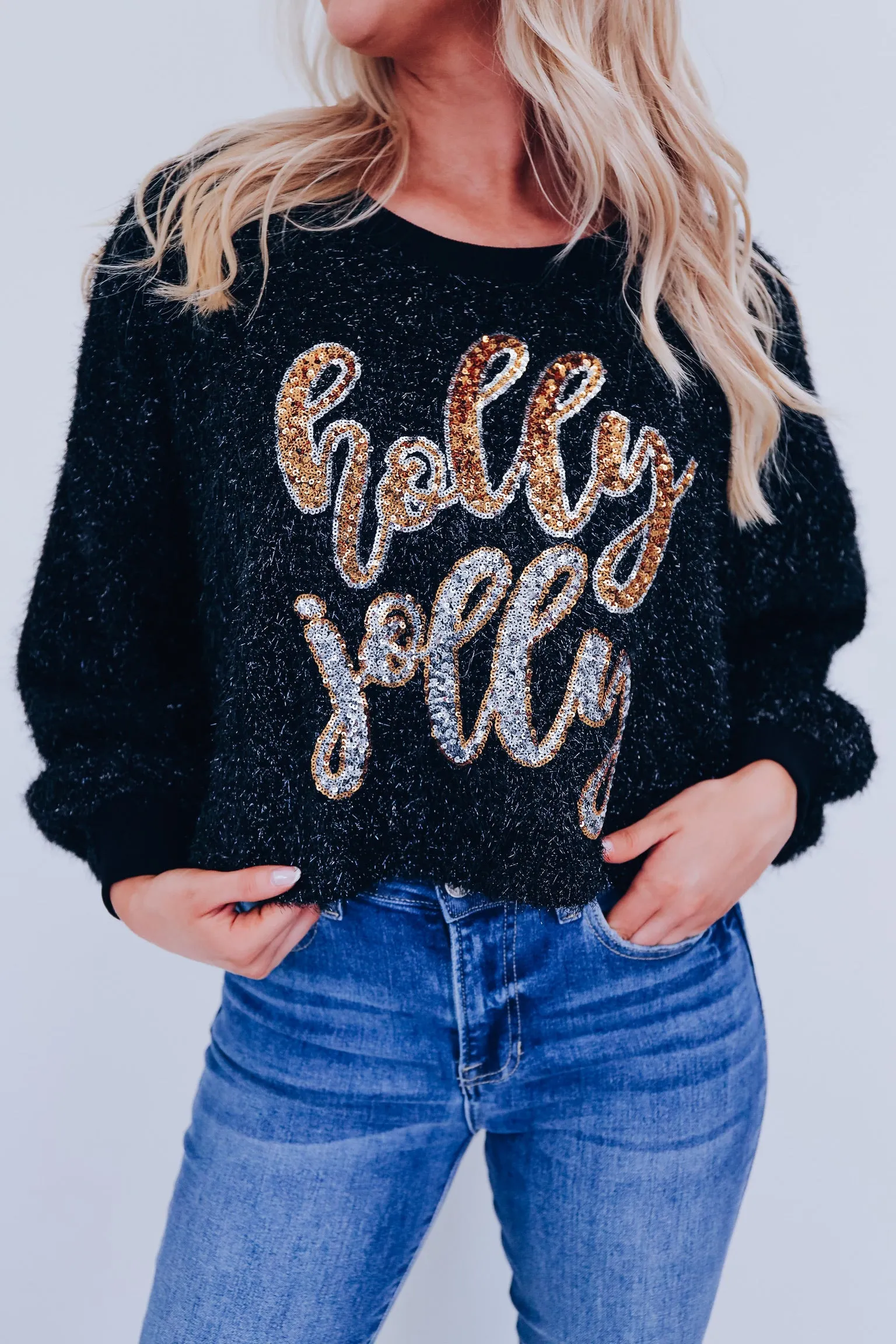 Fuzzy Tinsel Holly Jolly Cropped Sweater