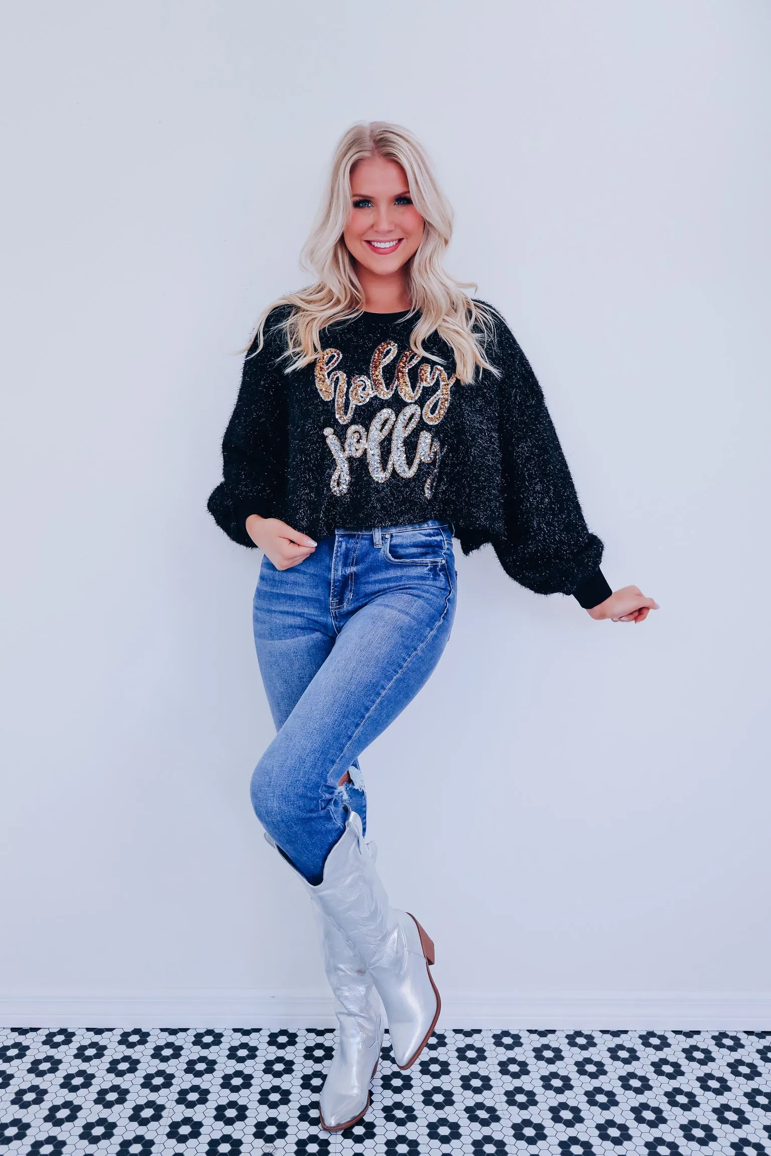 Fuzzy Tinsel Holly Jolly Cropped Sweater
