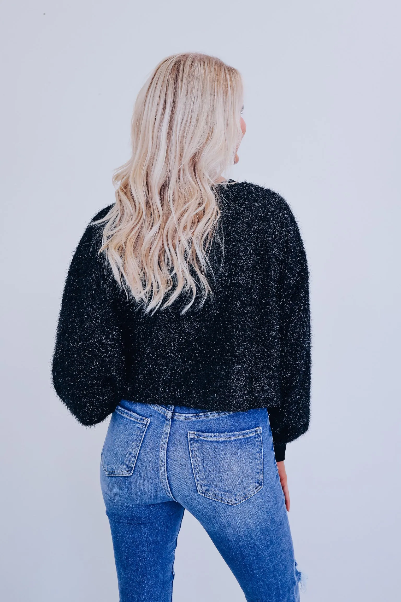 Fuzzy Tinsel Holly Jolly Cropped Sweater