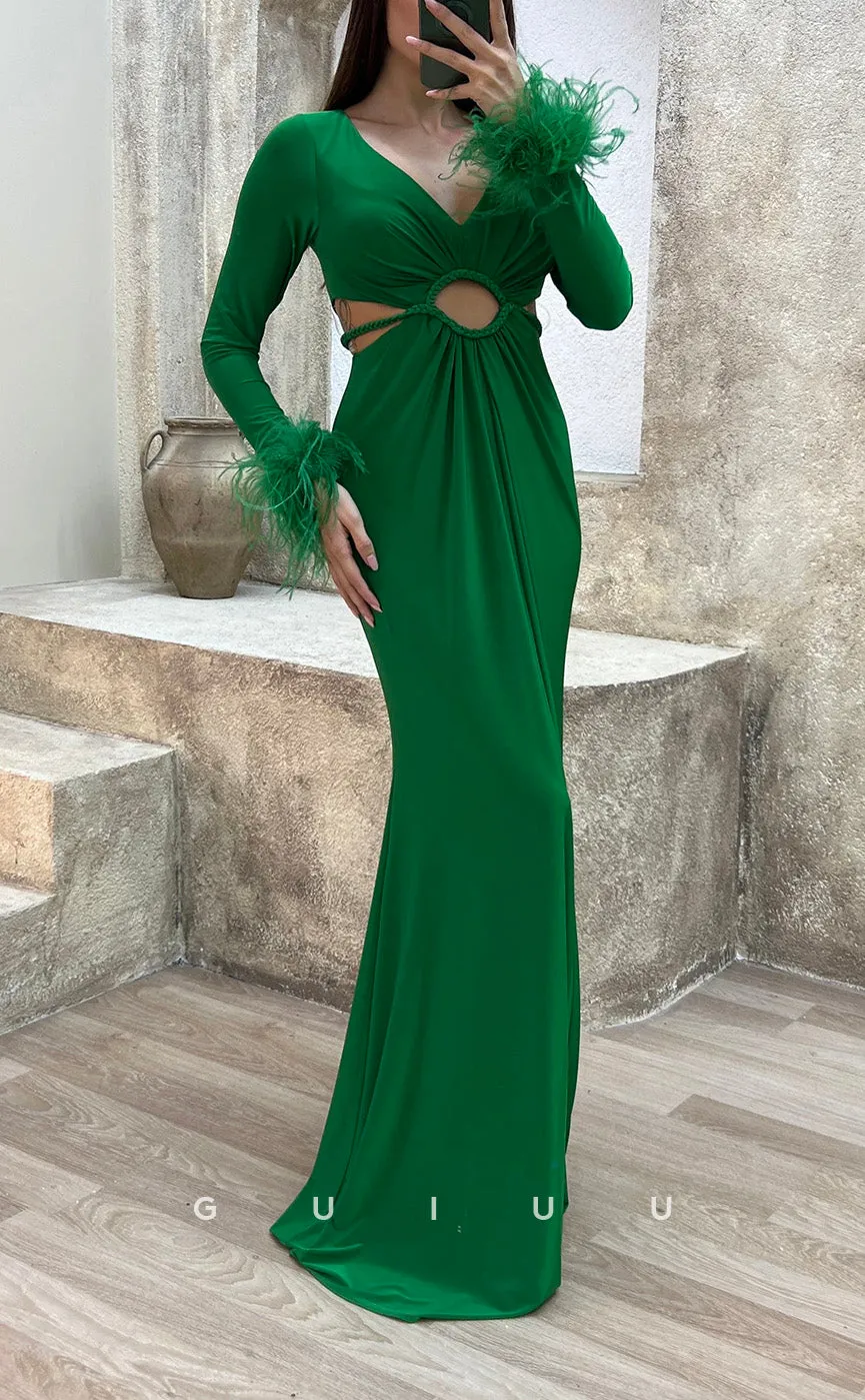 G3500 - Sexy & Hot Sheath V-Neck Long Sleeves Feather Cut Outs Floor-Length Party Gown Prom Dress