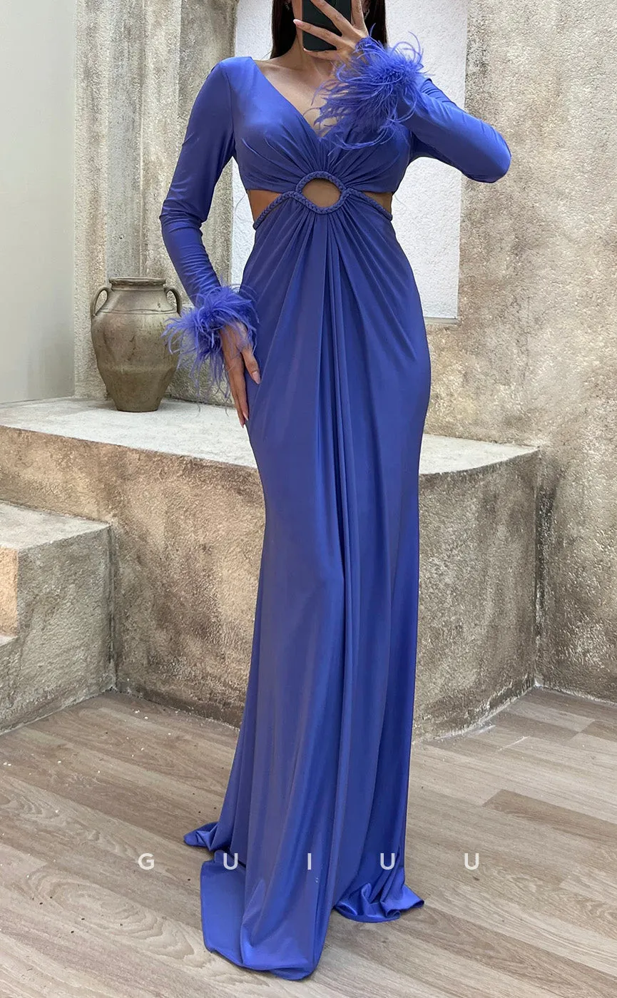 G3500 - Sexy & Hot Sheath V-Neck Long Sleeves Feather Cut Outs Floor-Length Party Gown Prom Dress