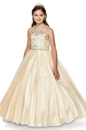 Girls Long Halter Tulle Dress with Beaded Illusion Bodice 5027