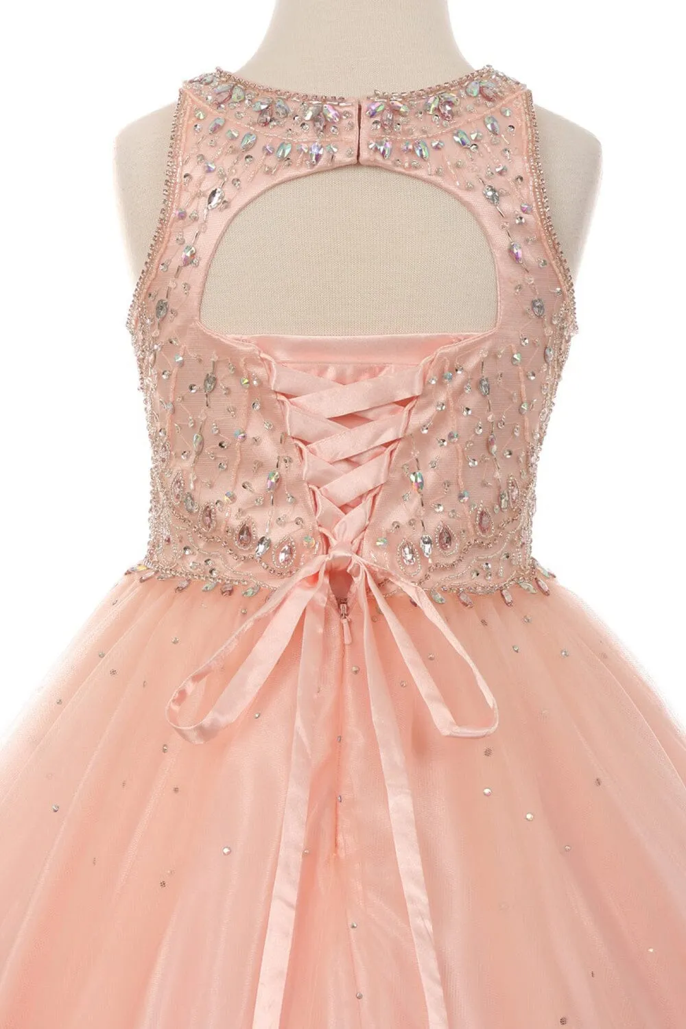 Girls Long Halter Tulle Dress with Beaded Illusion Bodice 5027