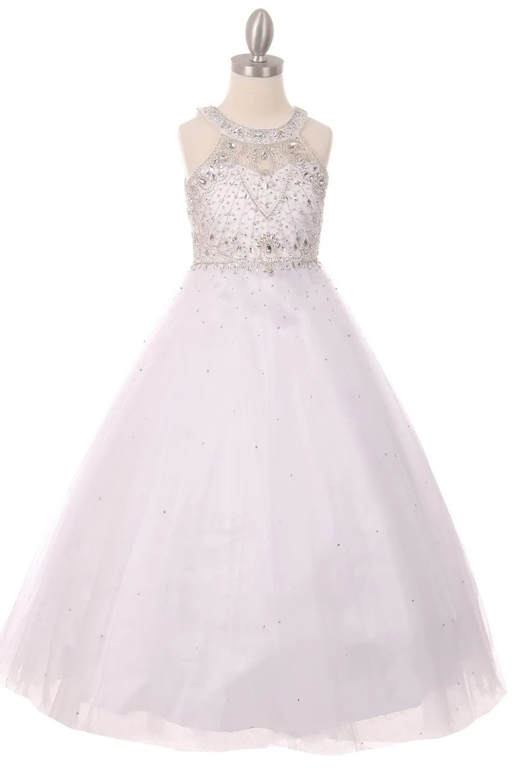 Girls Long Halter Tulle Dress with Beaded Illusion Bodice 5027