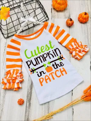 Girls "Cutest Pumpkin in the Patch" Long Striped Ruffled Raglan Sleeve Top