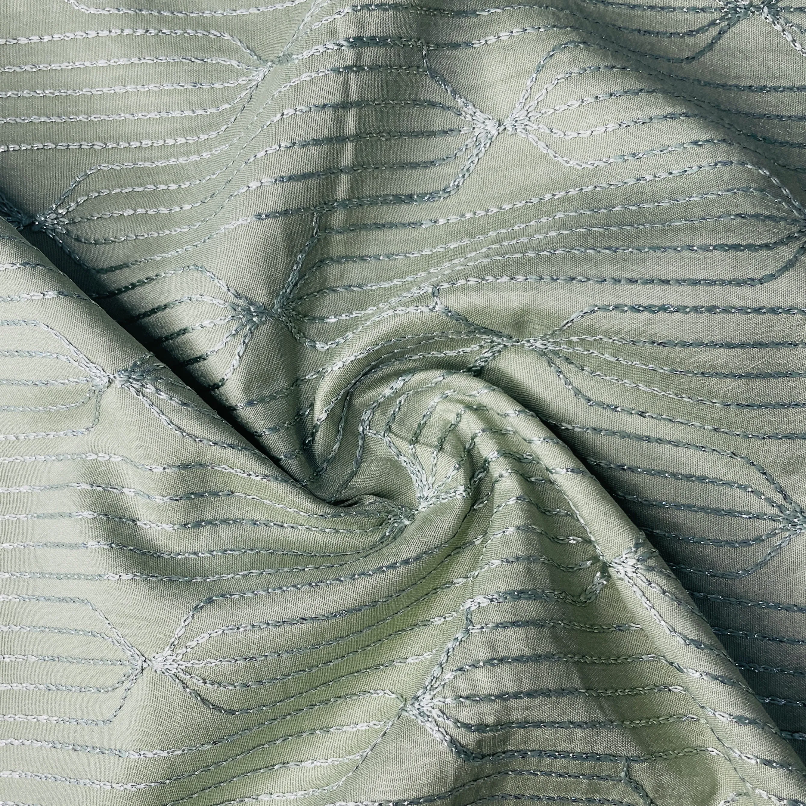 Green Thread Embroidery Russian Silk Fabric 19543