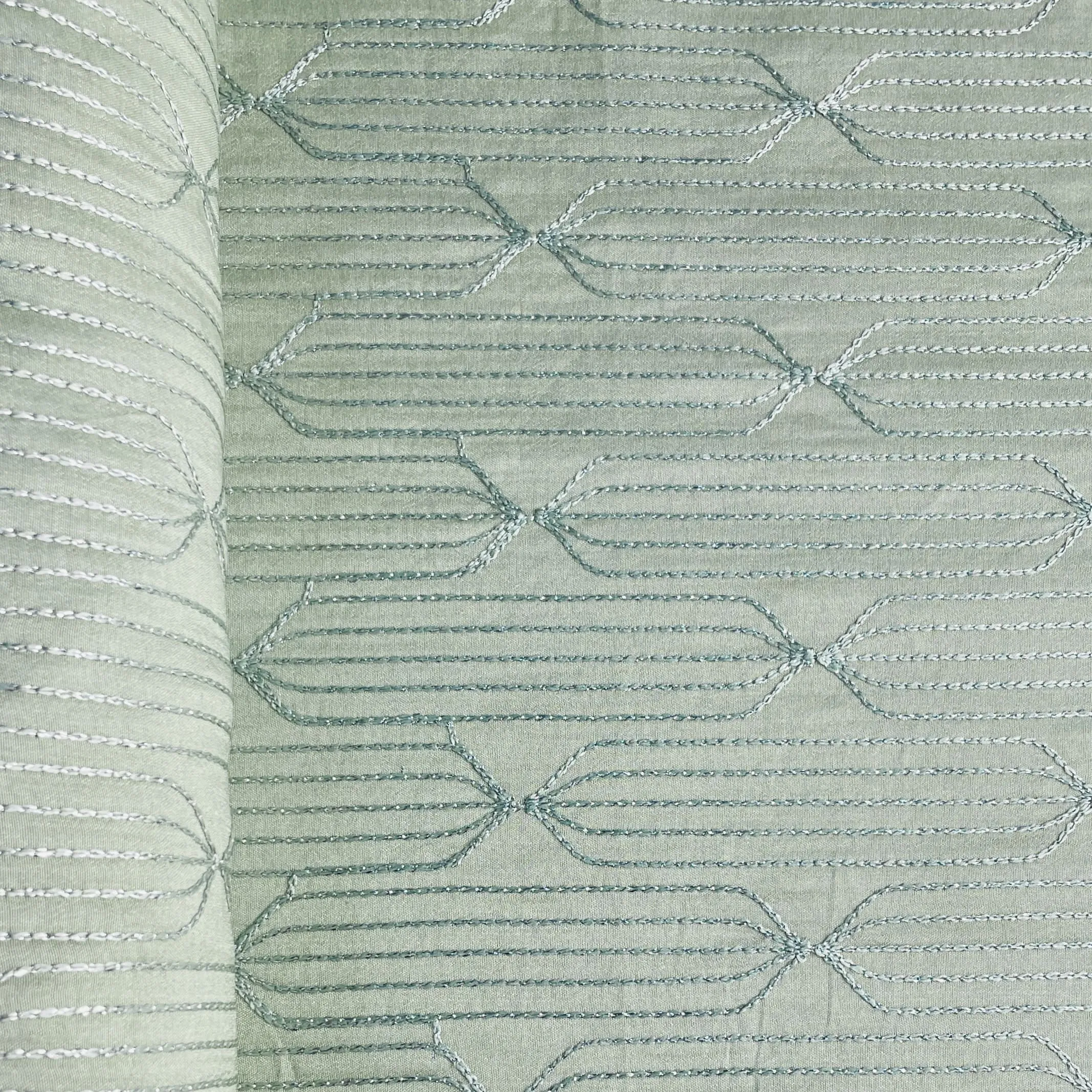 Green Thread Embroidery Russian Silk Fabric 19543