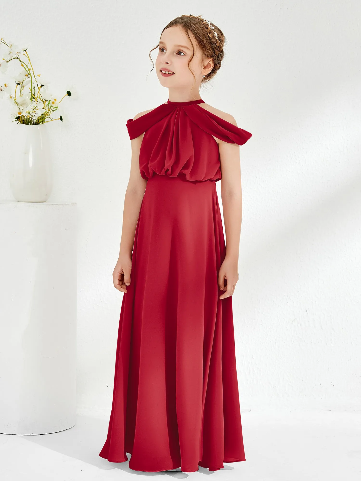 Halter Off-the-shoulder Junior Bridesmaid Dress Burgundy