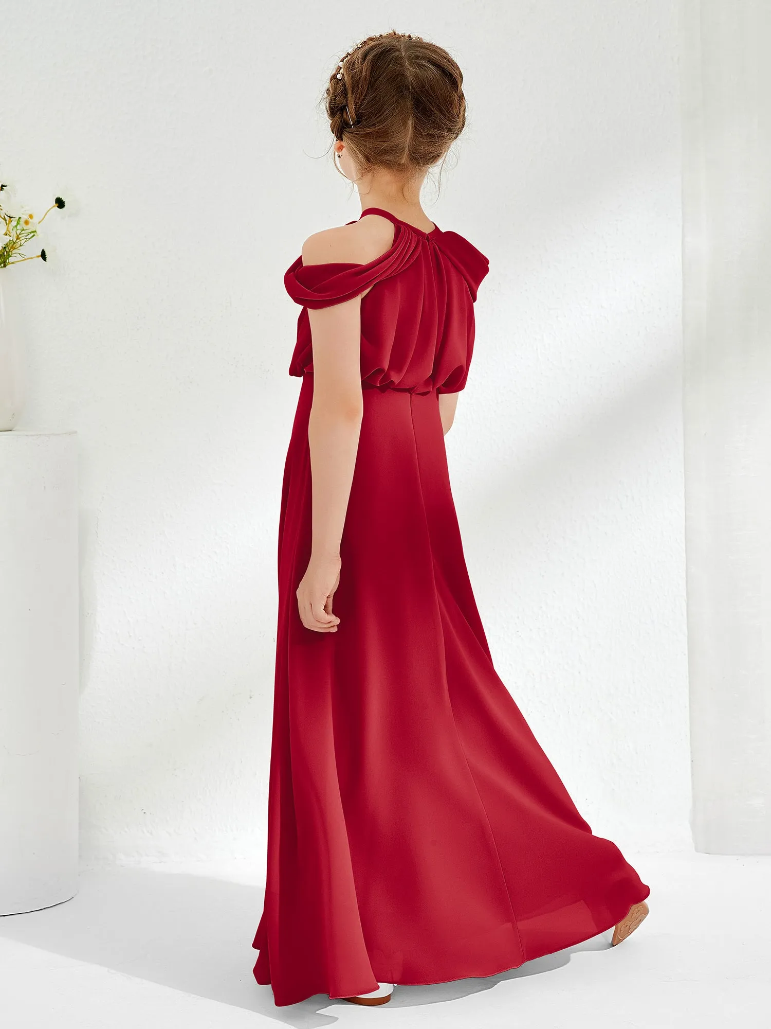 Halter Off-the-shoulder Junior Bridesmaid Dress Burgundy