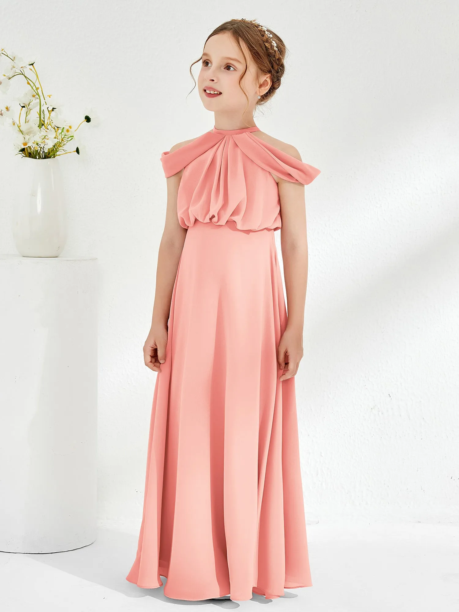 Halter Off-the-shoulder Junior Bridesmaid Dress Coral