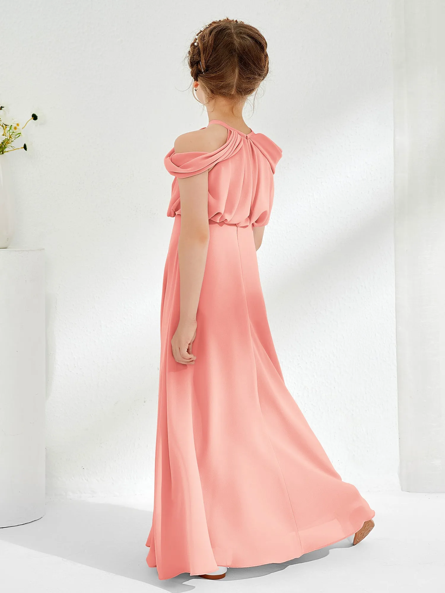 Halter Off-the-shoulder Junior Bridesmaid Dress Coral