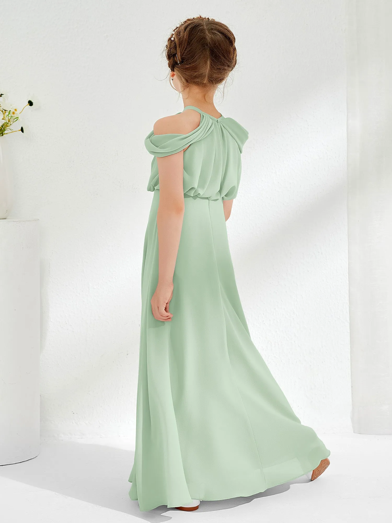 Halter Off-the-shoulder Junior Bridesmaid Dress Dusty Sage