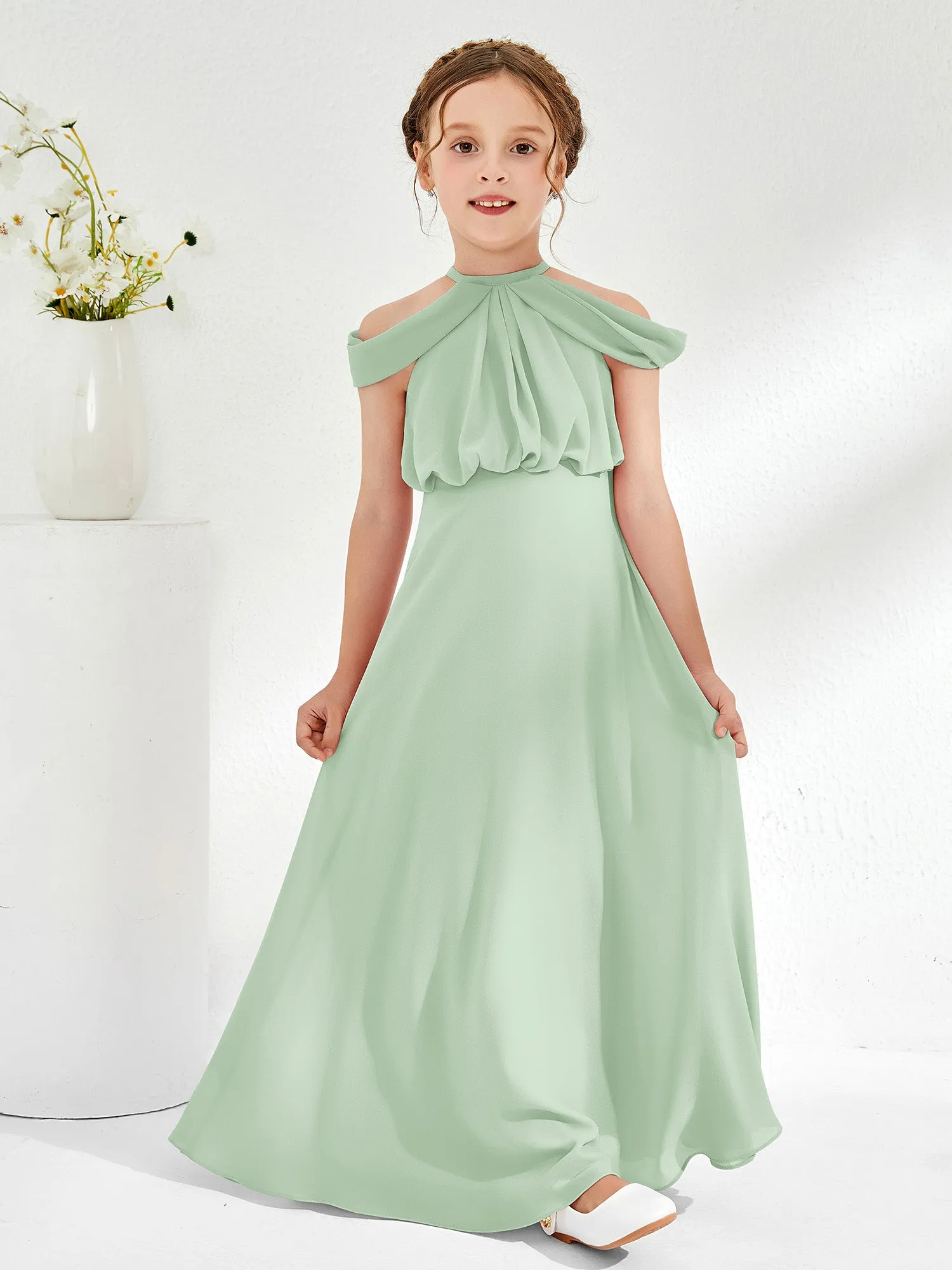 Halter Off-the-shoulder Junior Bridesmaid Dress Dusty Sage