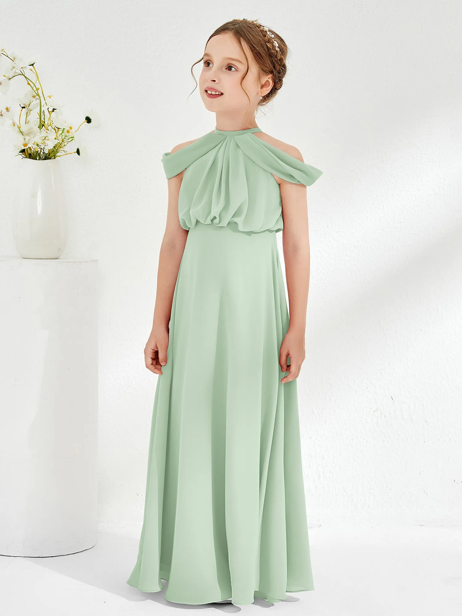 Halter Off-the-shoulder Junior Bridesmaid Dress Dusty Sage