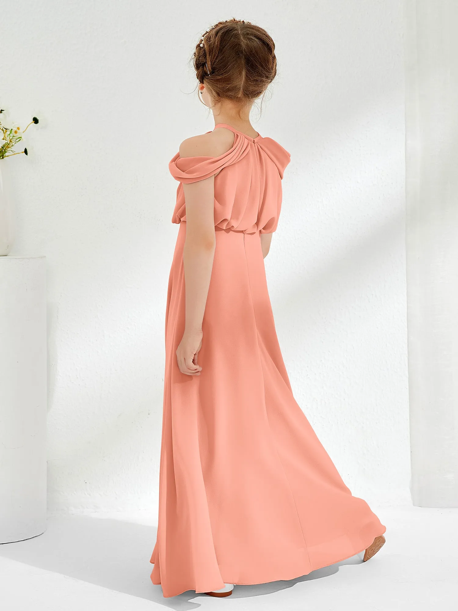 Halter Off-the-shoulder Junior Bridesmaid Dress Papaya