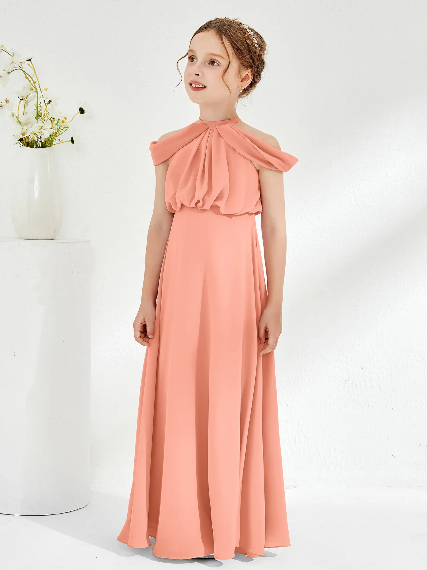 Halter Off-the-shoulder Junior Bridesmaid Dress Papaya