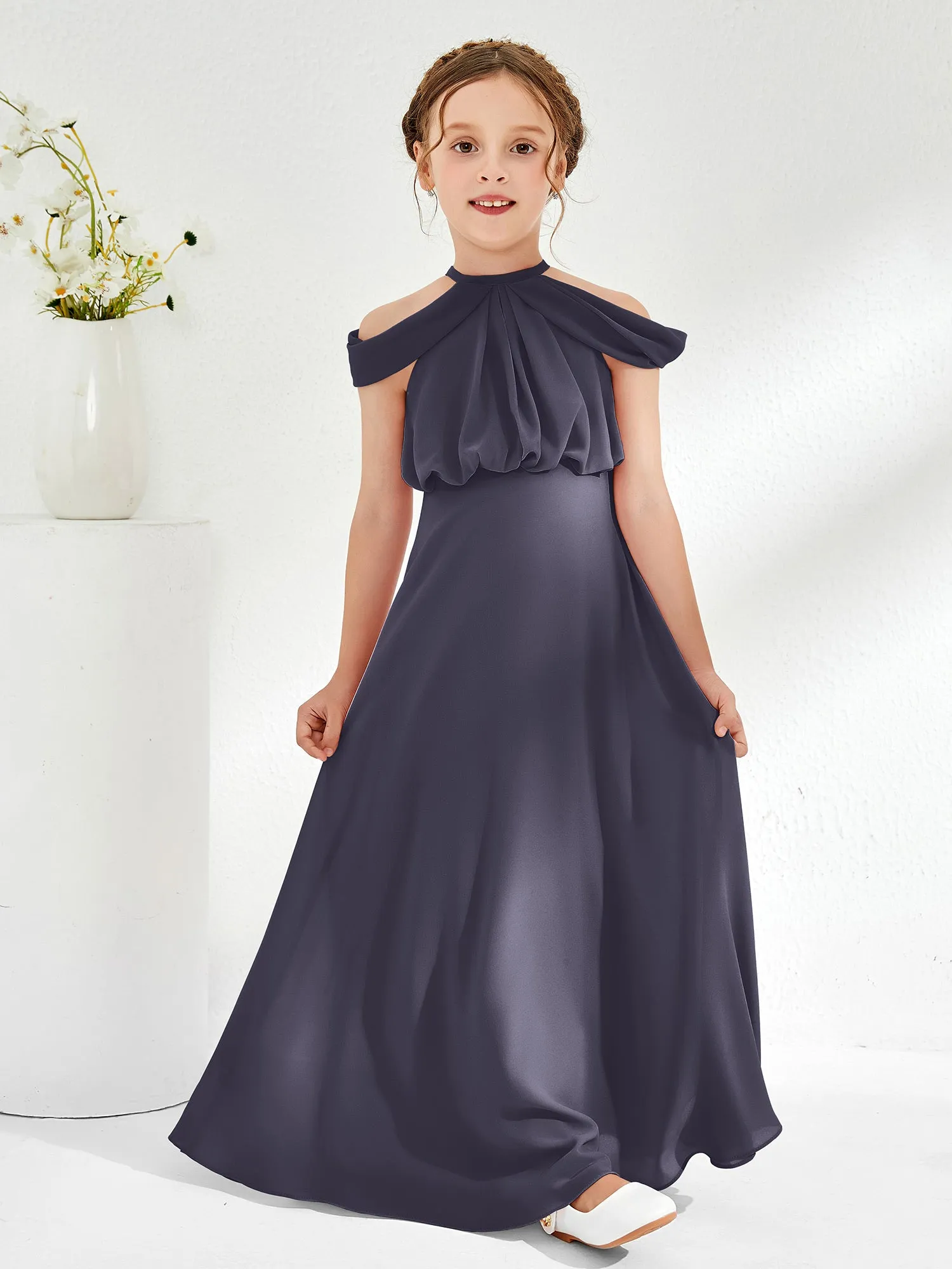 Halter Off-the-shoulder Junior Bridesmaid Dress Stormy