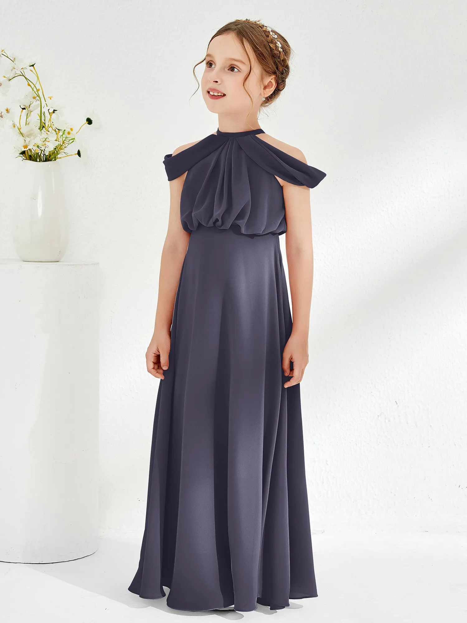 Halter Off-the-shoulder Junior Bridesmaid Dress Stormy