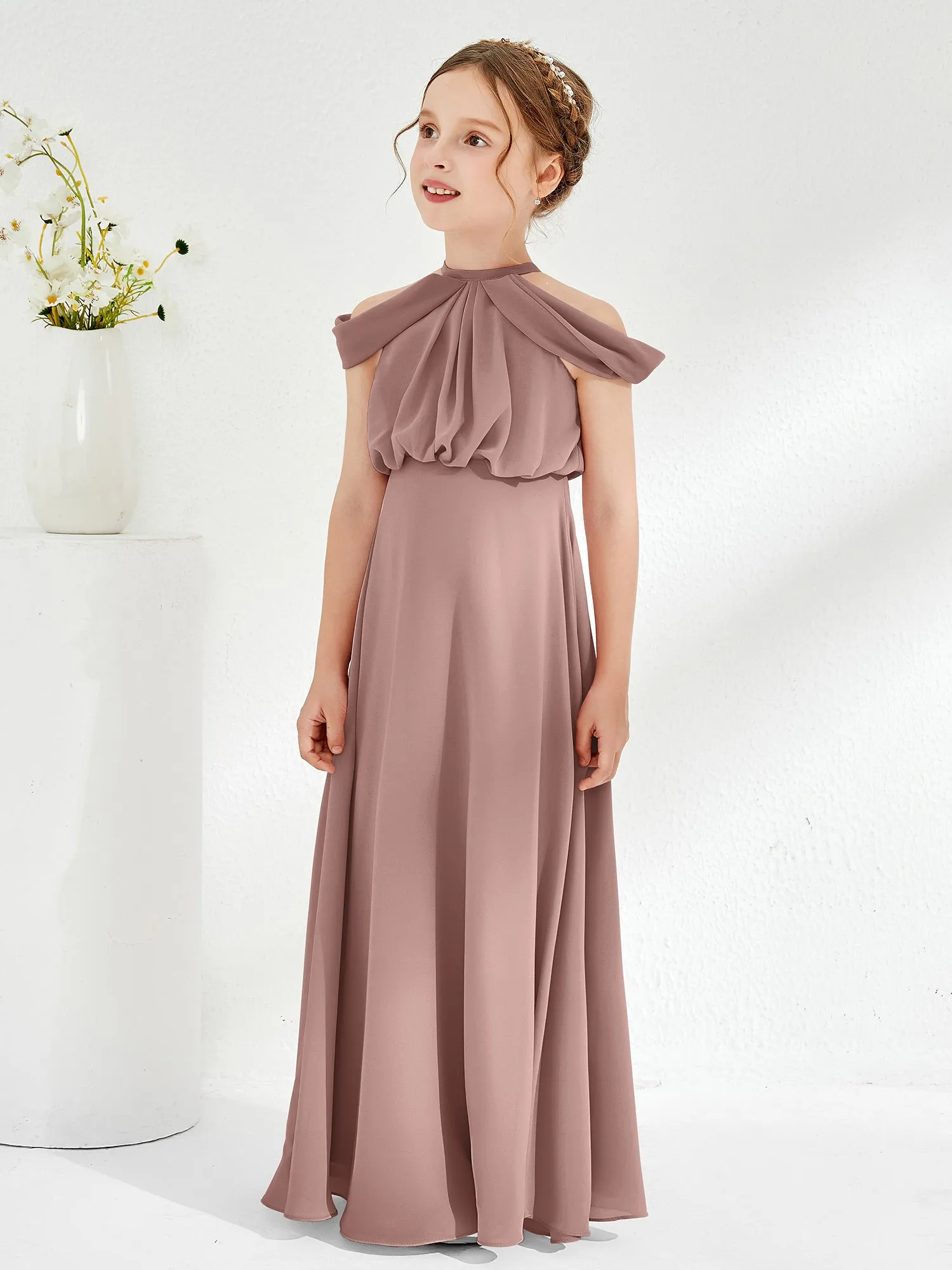 Halter Off-the-shoulder Junior Bridesmaid Dress Vintage Mauve