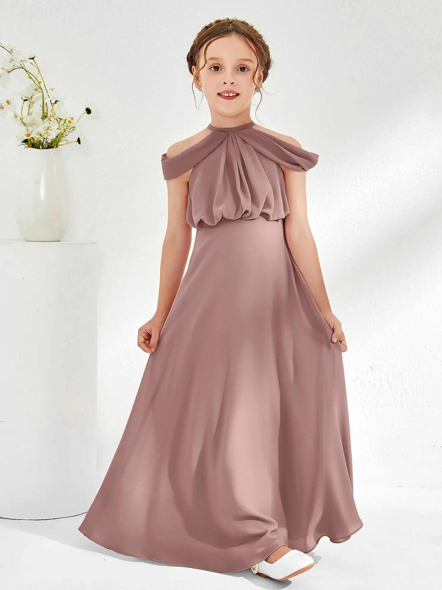 Halter Off-the-shoulder Junior Bridesmaid Dress Vintage Mauve