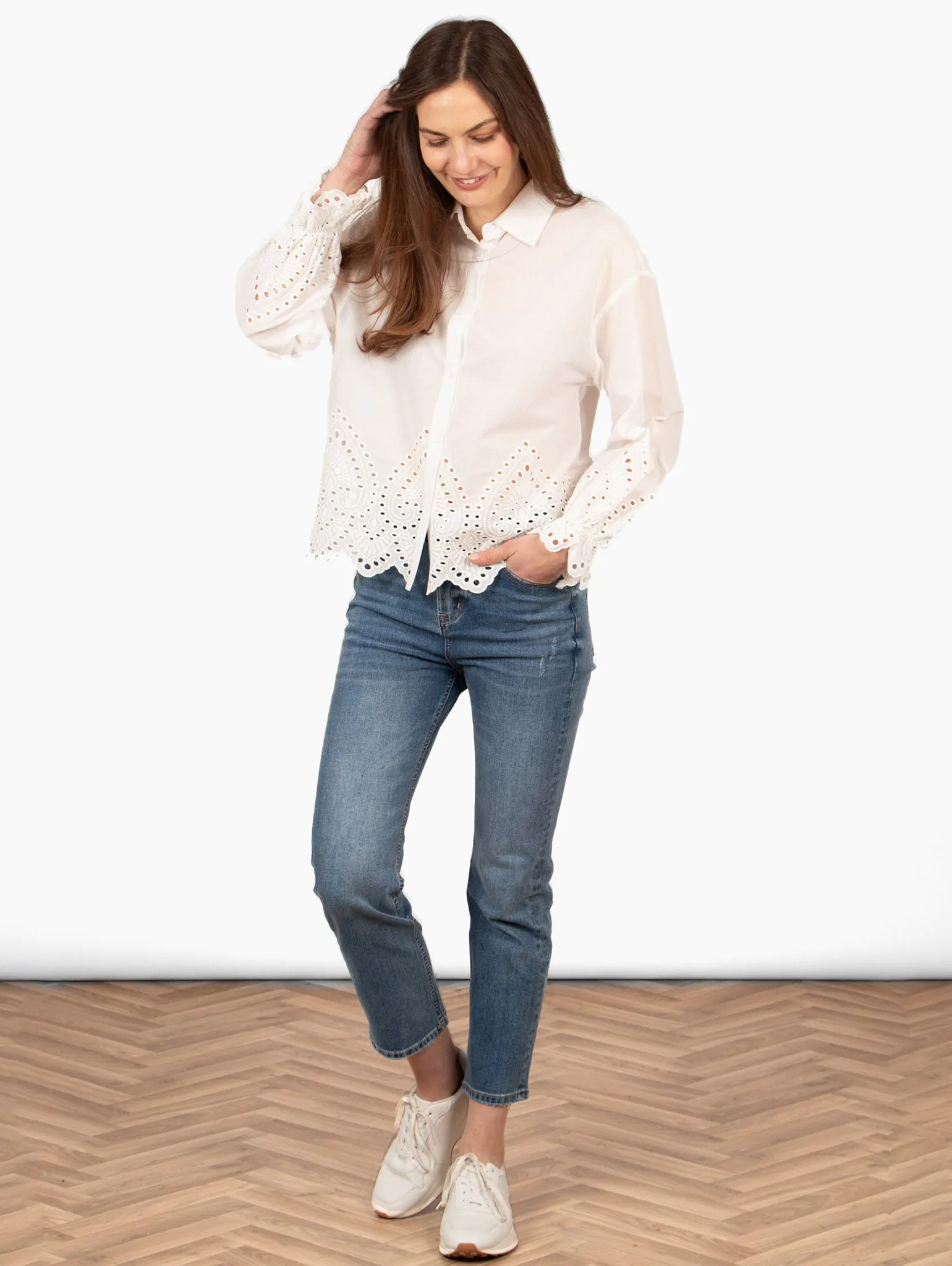 Hattie Long Sleeve Shirt - White, Broderie Anglaise