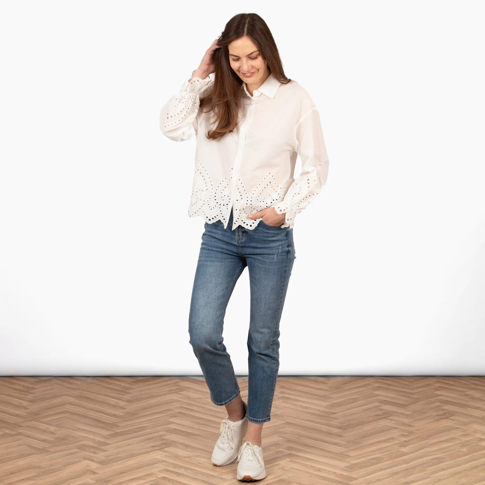 Hattie Long Sleeve Shirt - White, Broderie Anglaise