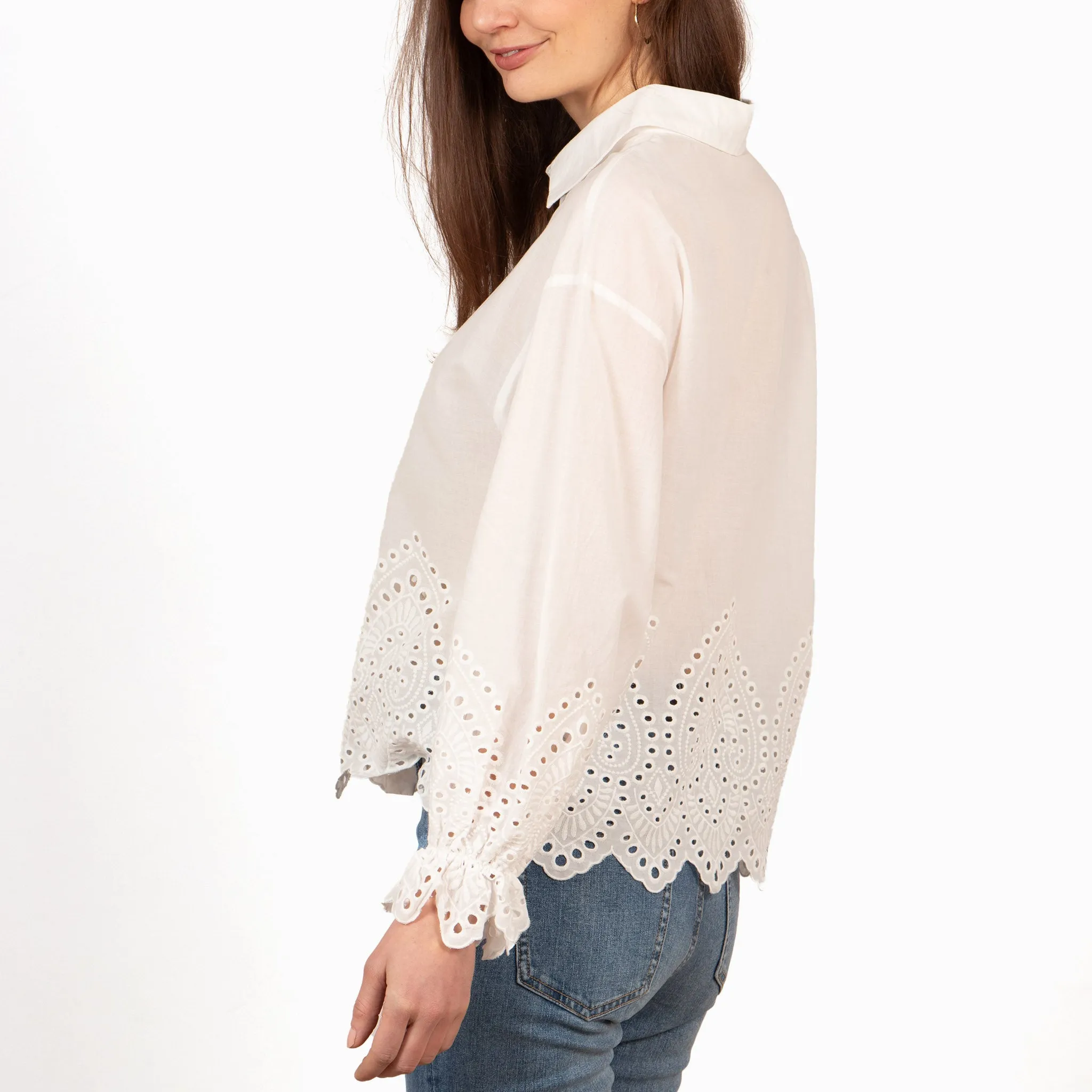 Hattie Long Sleeve Shirt - White, Broderie Anglaise