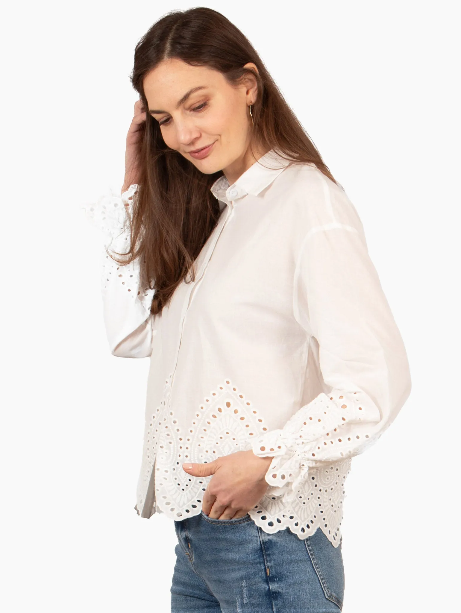 Hattie Long Sleeve Shirt - White, Broderie Anglaise