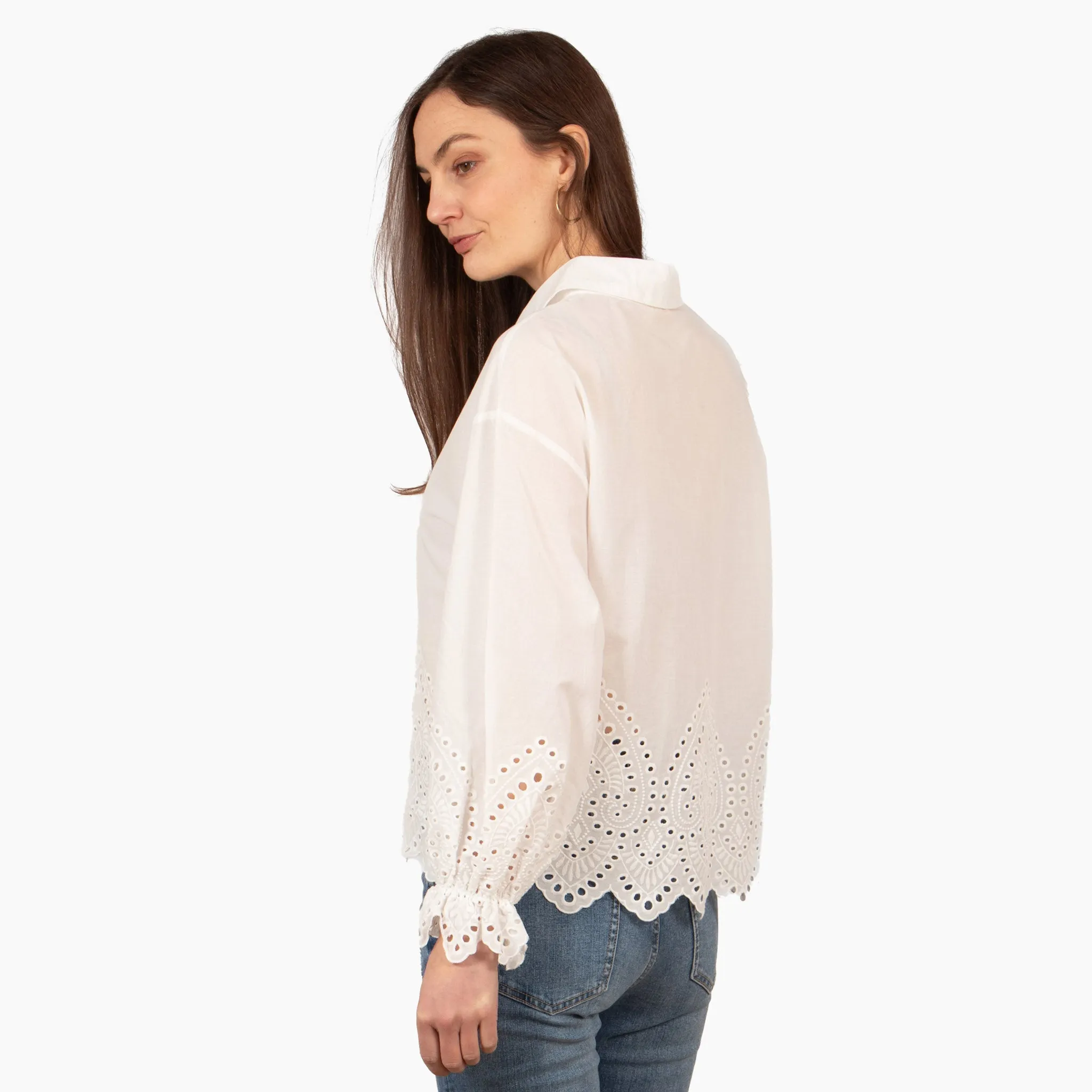 Hattie Long Sleeve Shirt - White, Broderie Anglaise