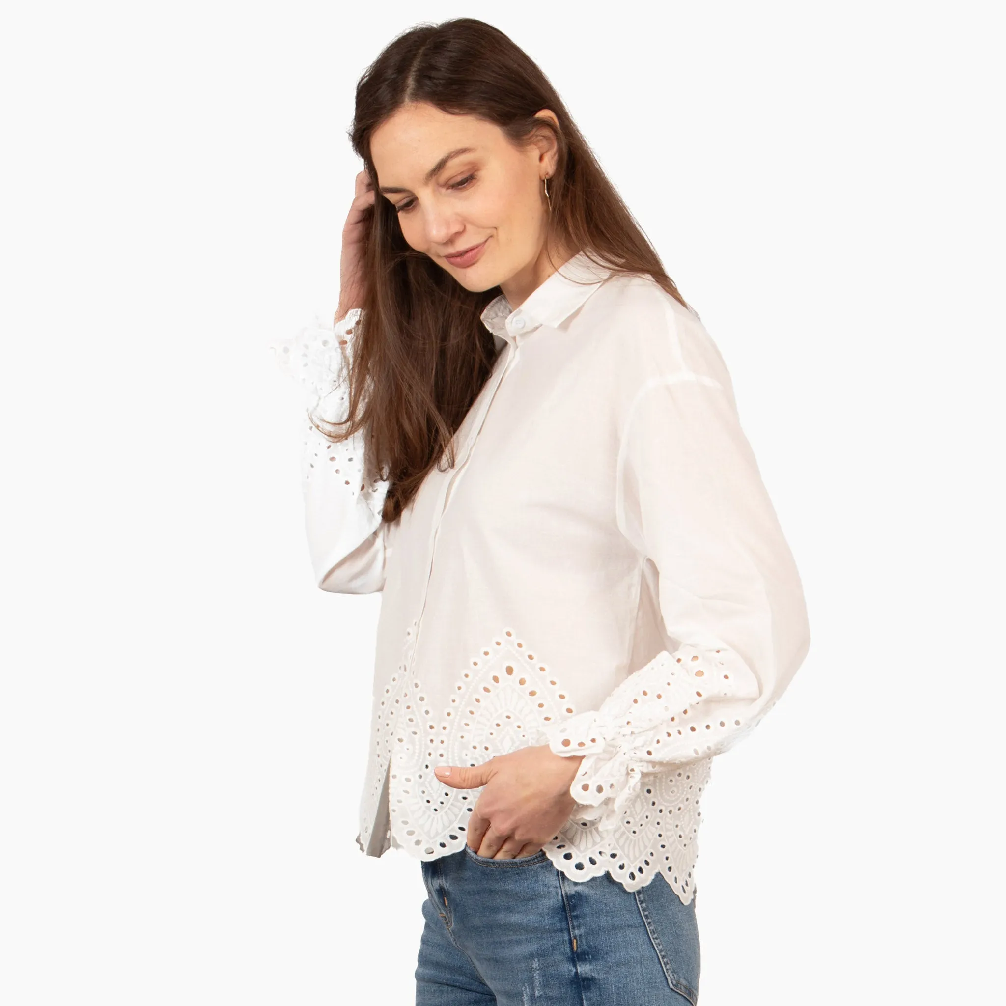 Hattie Long Sleeve Shirt - White, Broderie Anglaise