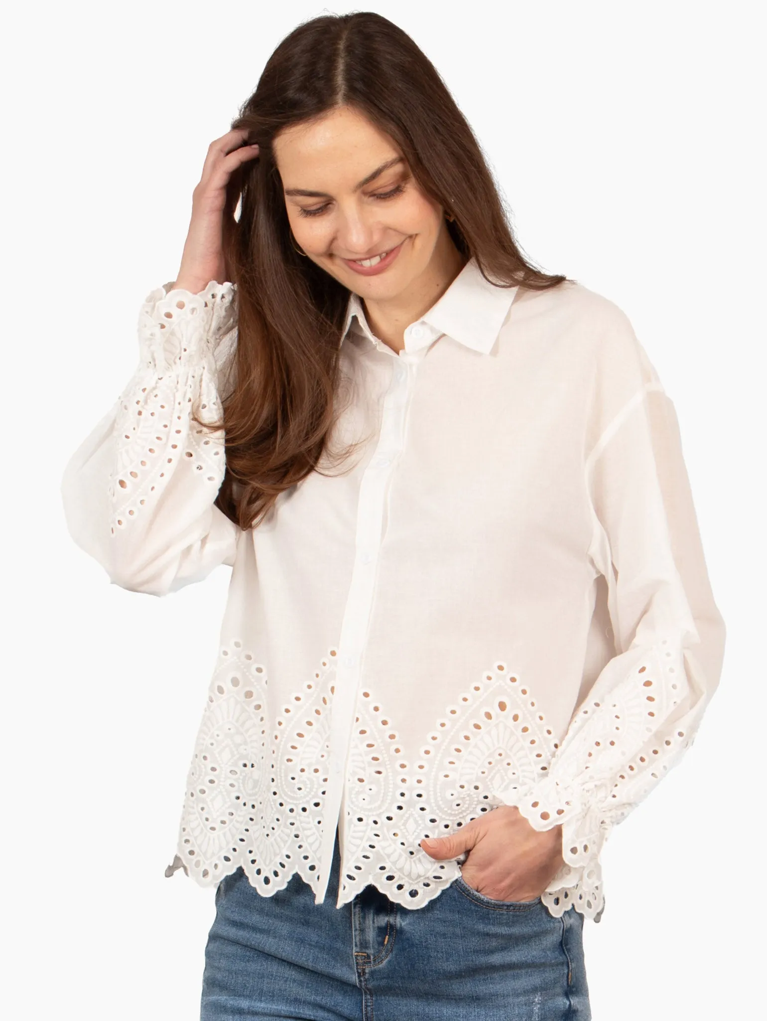 Hattie Long Sleeve Shirt - White, Broderie Anglaise