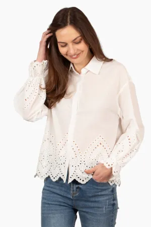 Hattie Long Sleeve Shirt - White, Broderie Anglaise