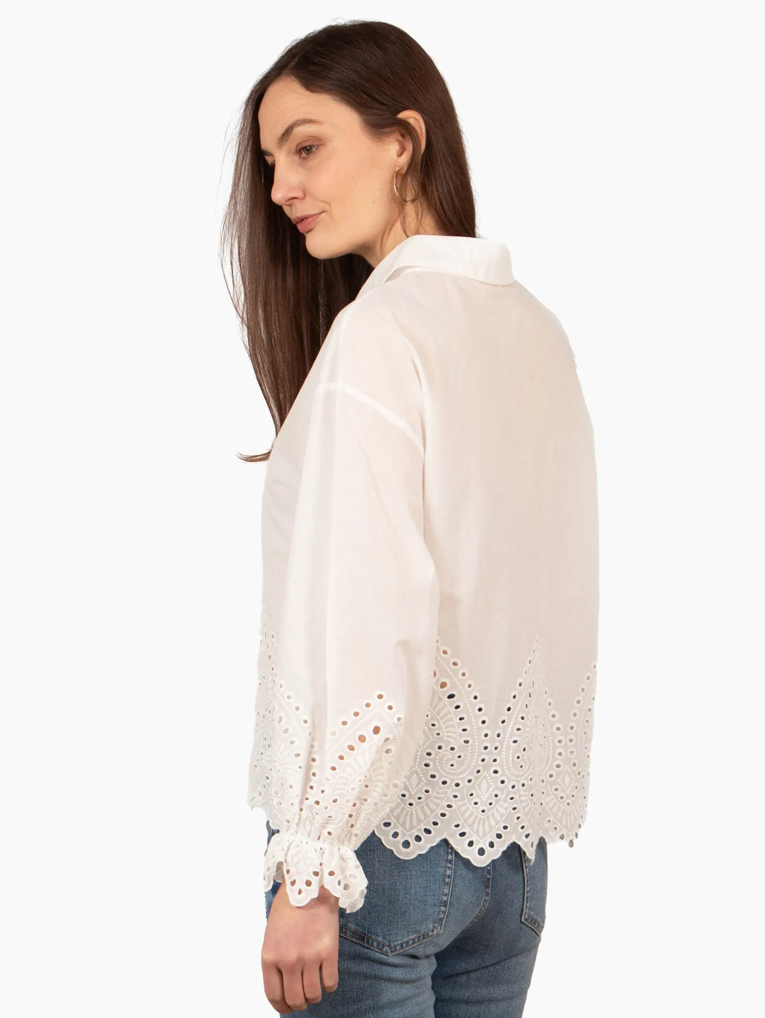 Hattie Long Sleeve Shirt - White, Broderie Anglaise