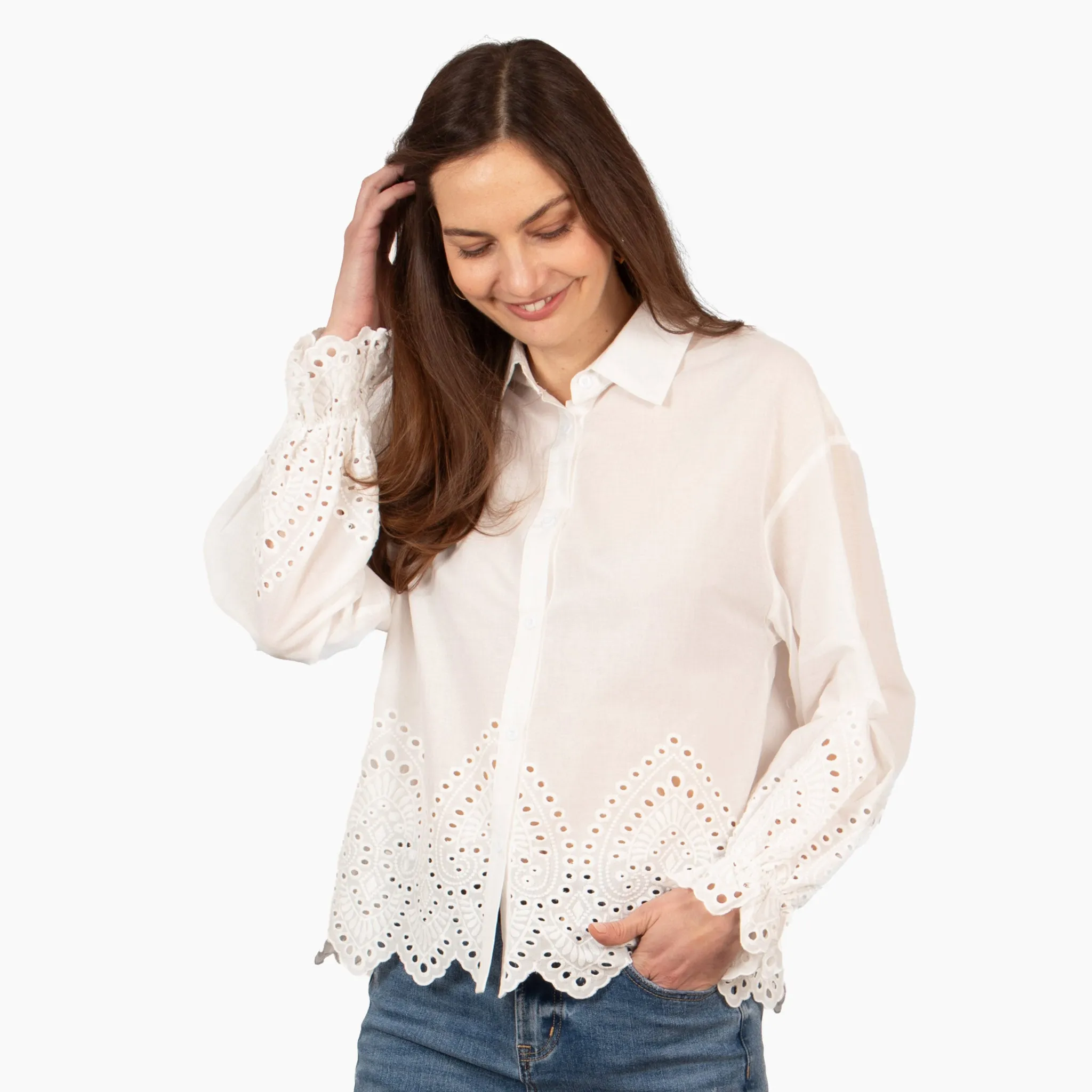 Hattie Long Sleeve Shirt - White, Broderie Anglaise