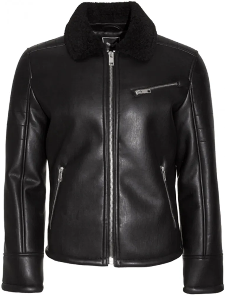 Hector Faux Leather Fur Lined Biker Jacket in Black