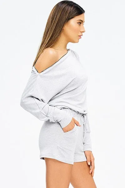 Hello Gorgeous Off the Shoulder Romper with Gold Zipper Details in Heather Gray