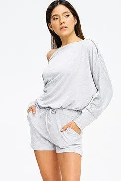 Hello Gorgeous Off the Shoulder Romper with Gold Zipper Details in Heather Gray