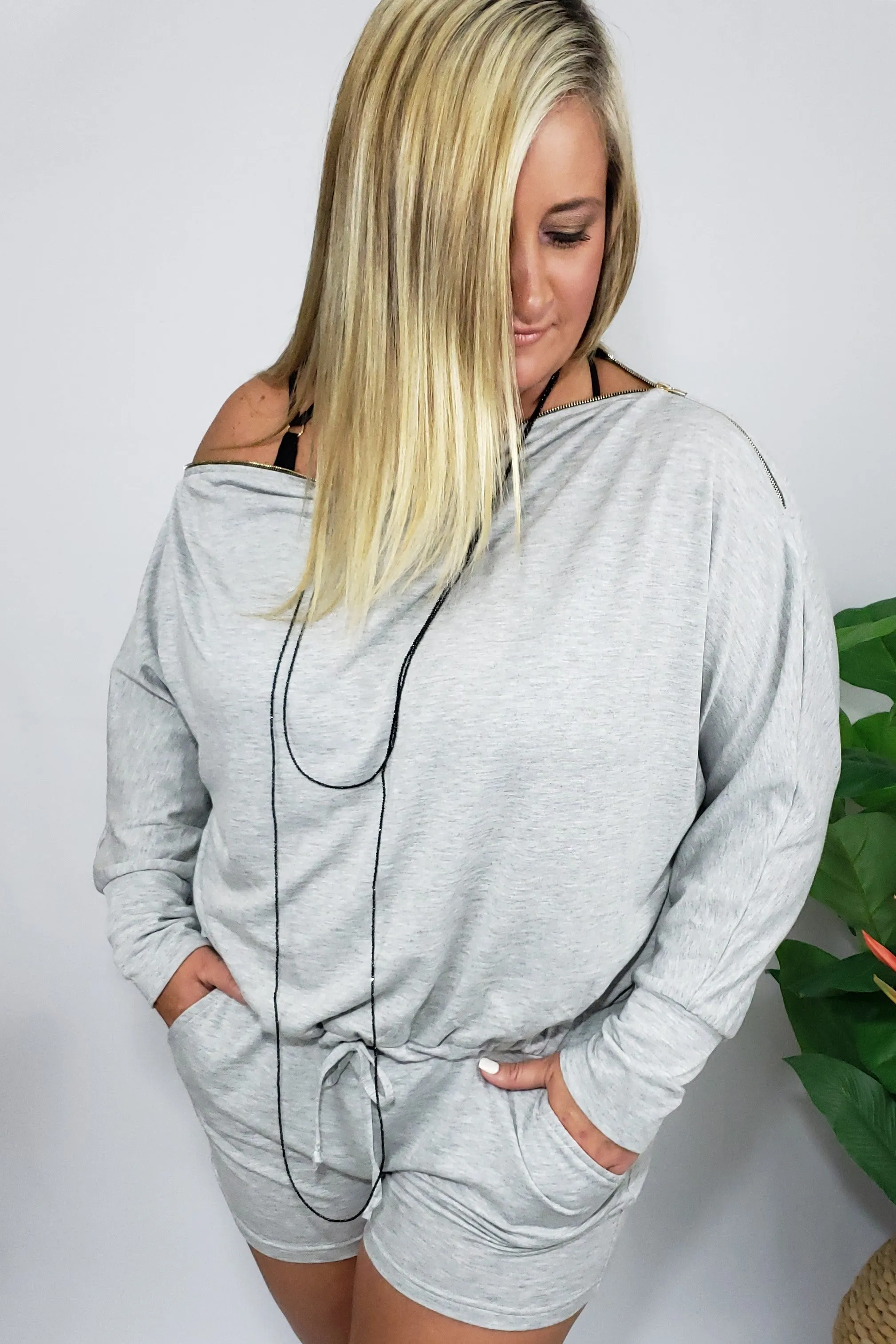Hello Gorgeous Off the Shoulder Romper with Gold Zipper Details in Heather Gray