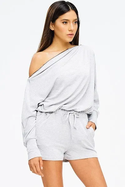 Hello Gorgeous Off the Shoulder Romper with Gold Zipper Details in Heather Gray