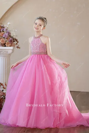 Iridescent Pink Sequin Halter Organza Young Girl Pageant Dress