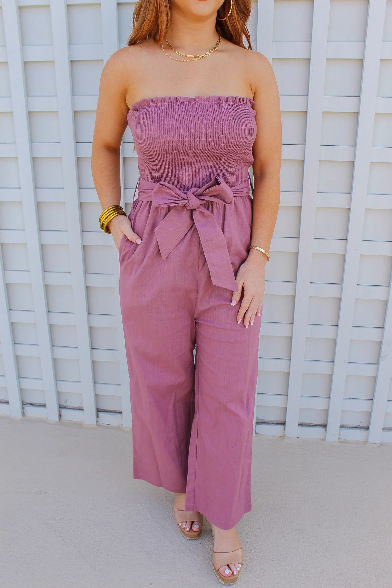 Jade Linen Smocking Ruffle Tube Top Jumpsuit- Purple